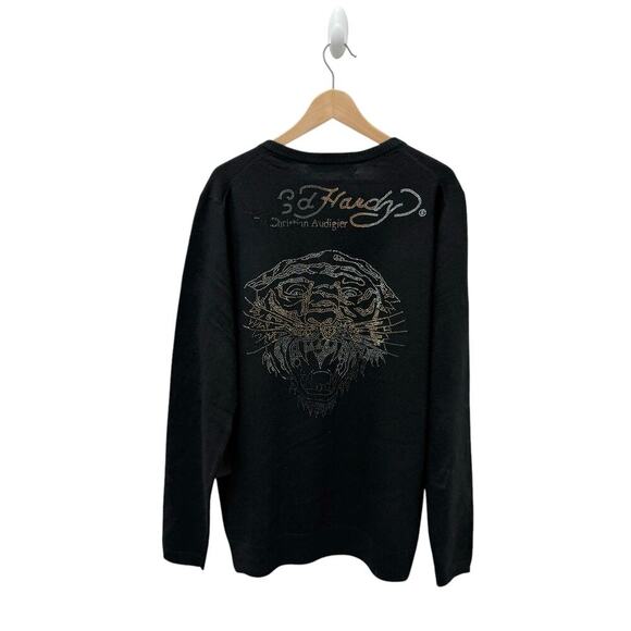 NWT Ed Hardy Wool Blend Tiger Rhinestone V-Neckline Sweater Black Men’s Size XXL - Picture 1 of 9